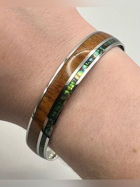 Koa Wood & Abalone Inlay Bangle Bracelet, Brown & Iridescent Green, Size 8, NWT